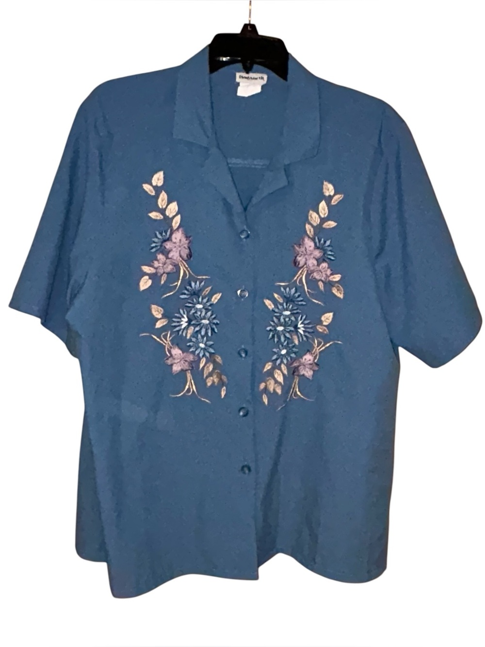 BonWorth Blue Floral Embroidered Blouse Vtg Short Sleeve Cottage Granny 1X Read